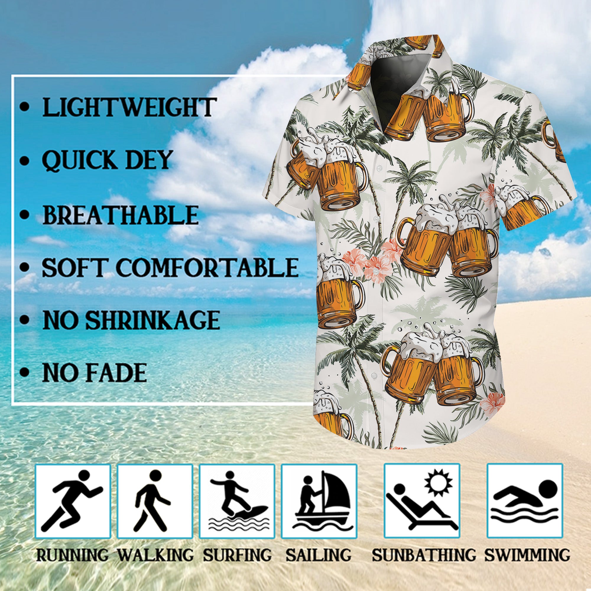 Beer Hawaiian Shirt for Men, Button Up Shirt for Men, Tropical Short Sleeve Beach Vacation Summer Casual Shirt - 0015