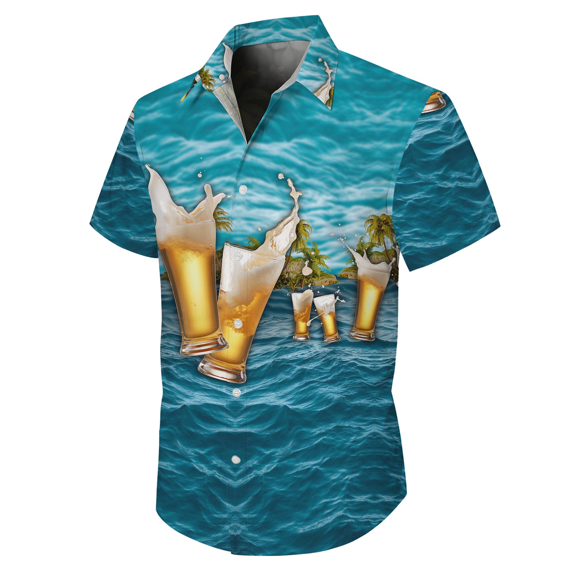 Beer Hawaiian Shirt for Men, Beer Button Up Shirt for Men, Tropical Short Sleeve Beach Vacation Summer Casual Shirt - 0014