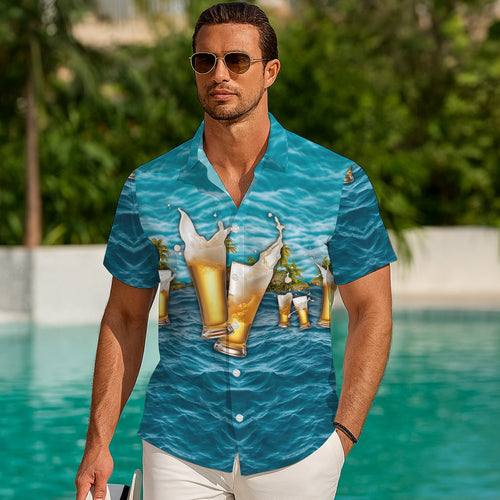 Beer Hawaiian Shirt for Men, Beer Button Up Shirt for Men, Tropical Short Sleeve Beach Vacation Summer Casual Shirt - 0014