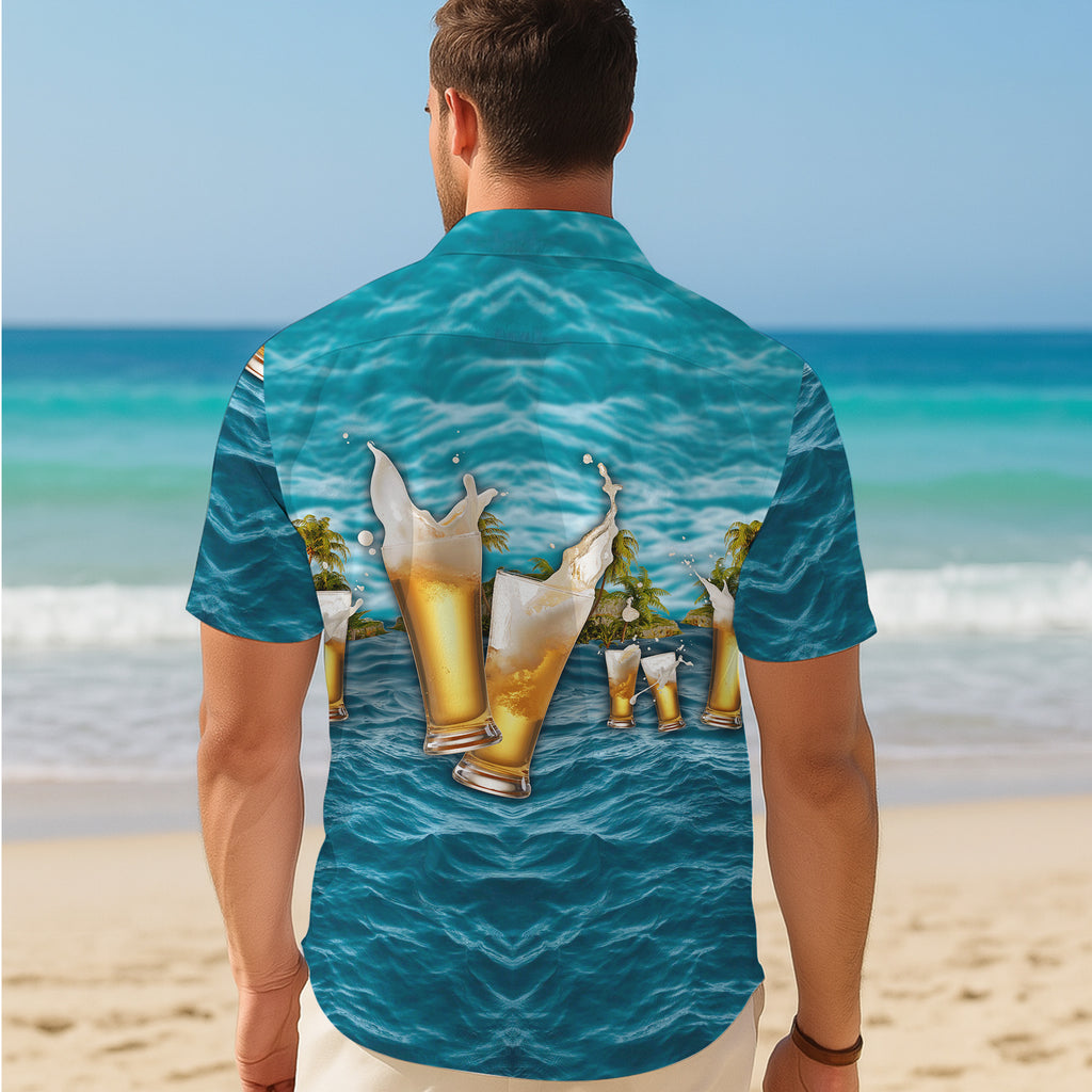 Beer Hawaiian Shirt for Men, Beer Button Up Shirt for Men, Tropical Short Sleeve Beach Vacation Summer Casual Shirt - 0014