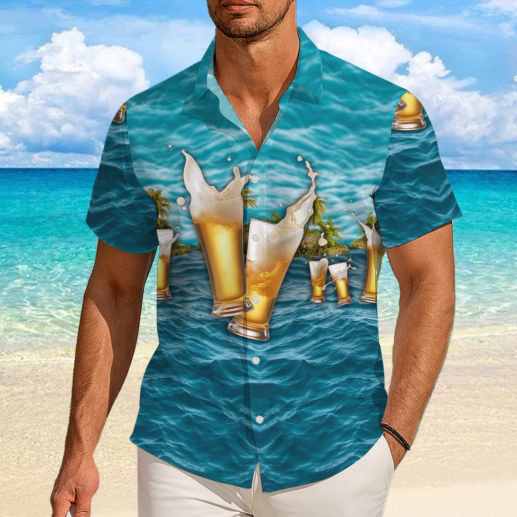 Beer Hawaiian Shirt for Men, Beer Button Up Shirt for Men, Tropical Short Sleeve Beach Vacation Summer Casual Shirt - 0014