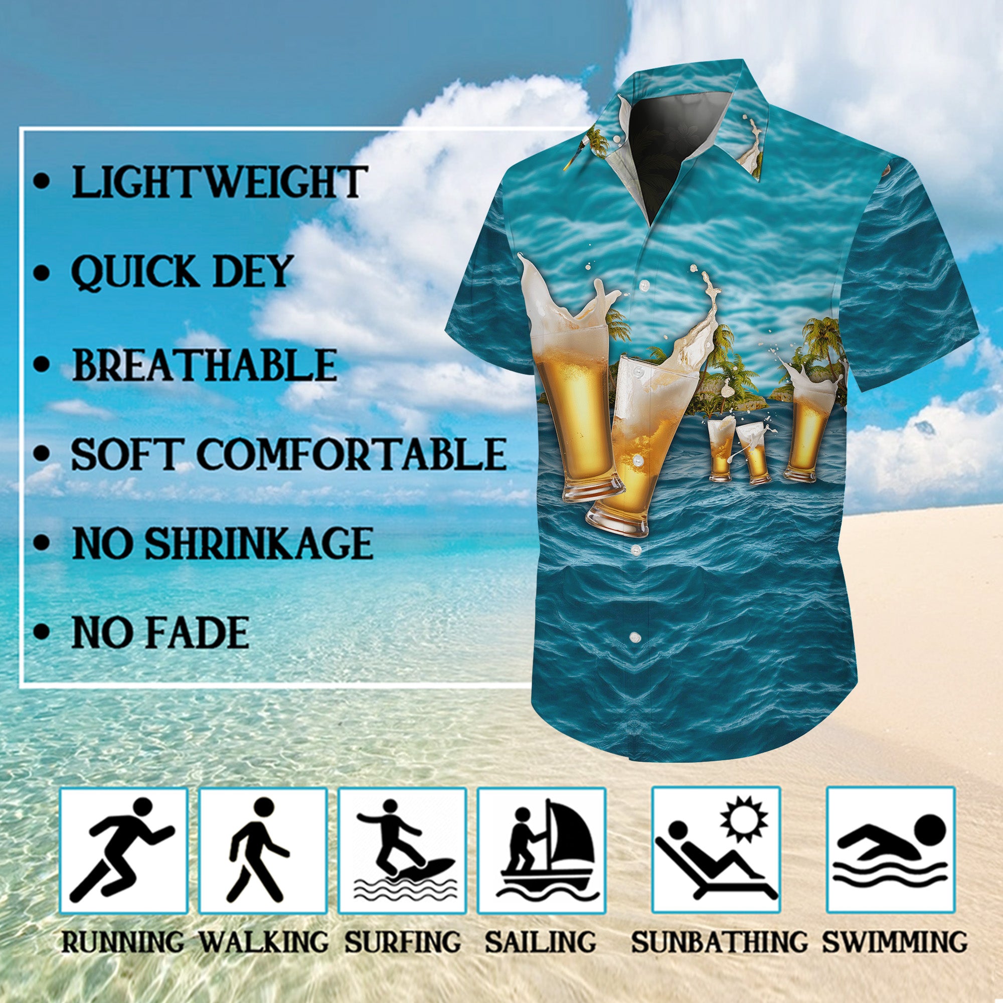Beer Hawaiian Shirt for Men, Beer Button Up Shirt for Men, Tropical Short Sleeve Beach Vacation Summer Casual Shirt - 0014