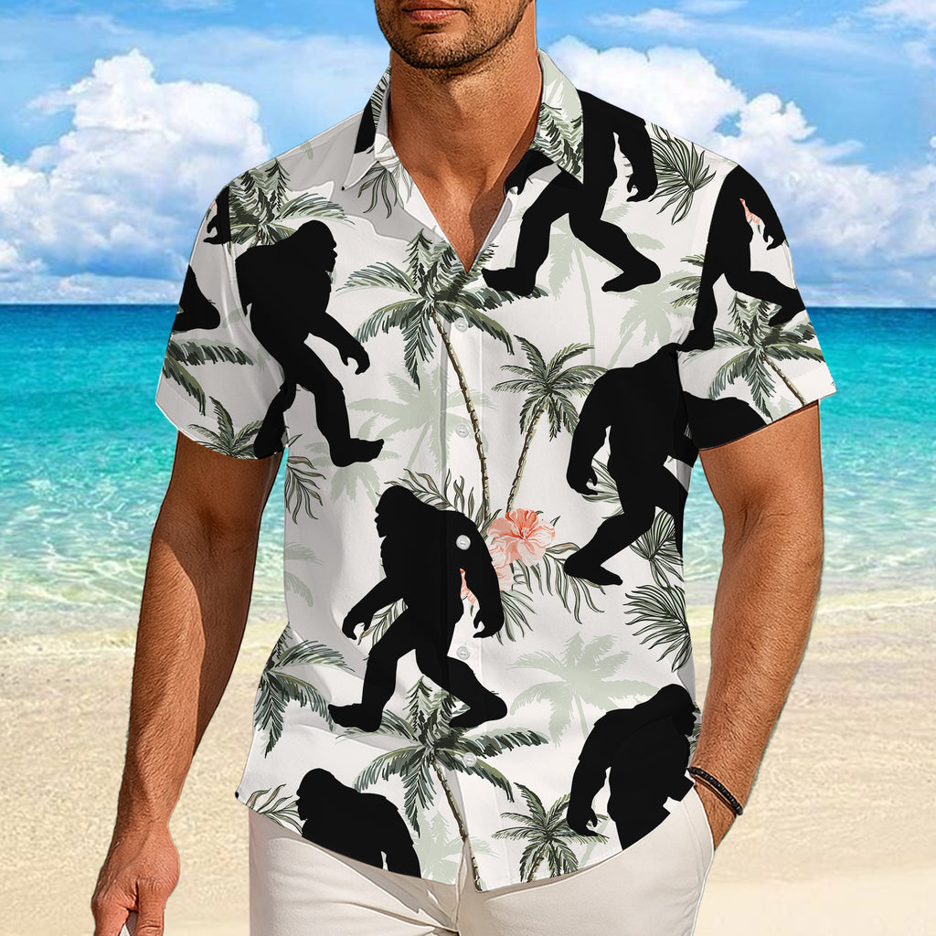 Bigfoot Hawaiian Shirt for Men, Sasquatch Button Up Shirt for Men, Tropical Short Sleeve Beach Vacation Summer Casual Shirt - 0012