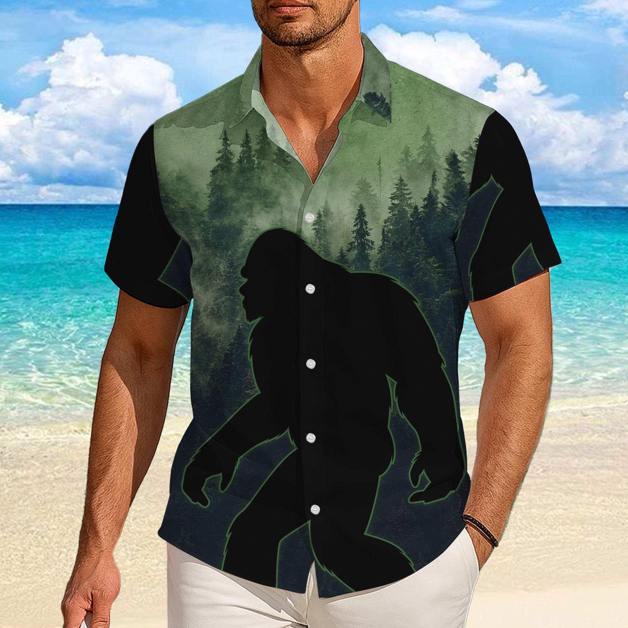 Sasquatch Hawaiian Shirt, Bigfoot Button Up Shirt for Men, Tropical Short Sleeve Beach Vacation Summer Casual Shirt - 0011