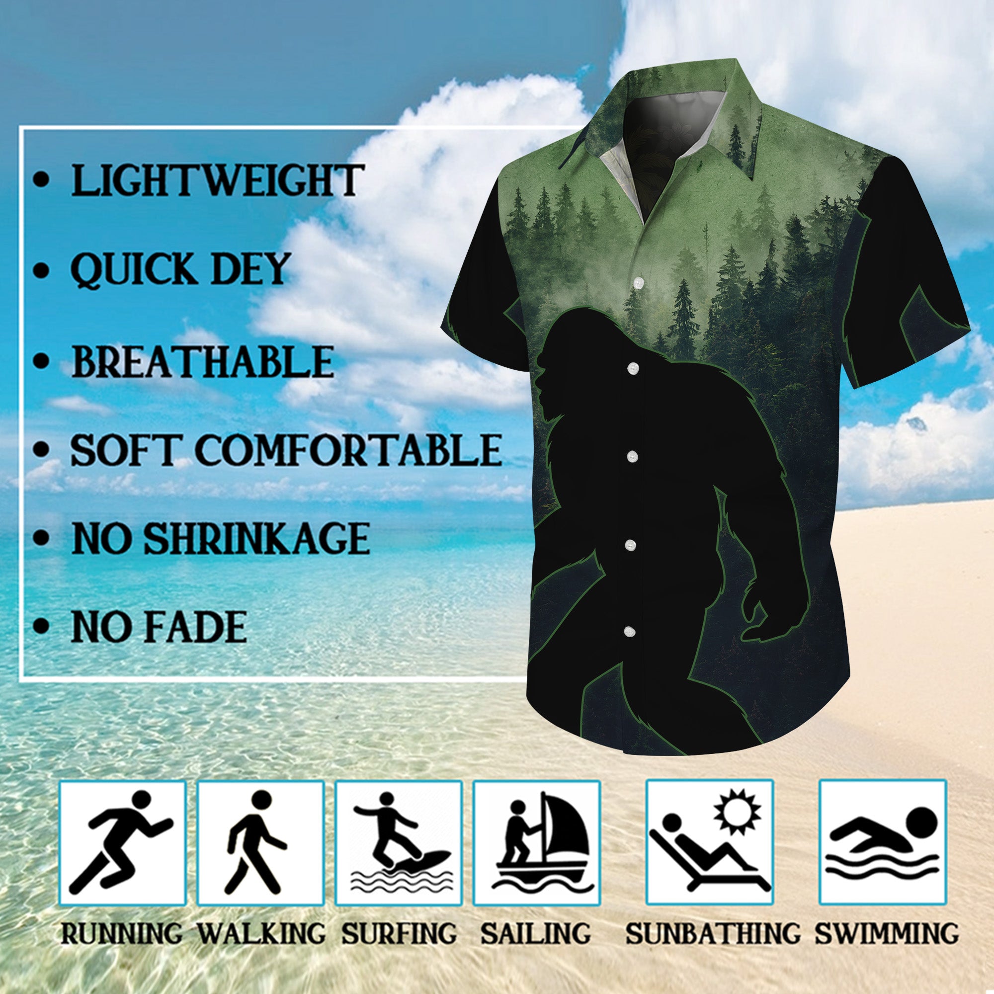 Sasquatch Hawaiian Shirt, Bigfoot Button Up Shirt for Men, Tropical Short Sleeve Beach Vacation Summer Casual Shirt - 0011