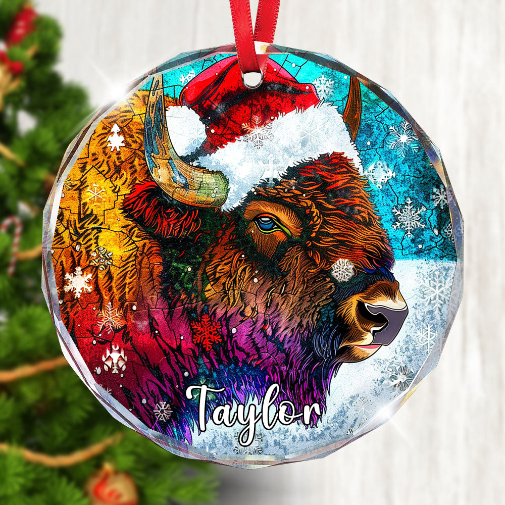 Personalized Bison Ornament, Santa Hat Glass Christmas Tree Decor, Custom Wildlife Name Holiday Gift