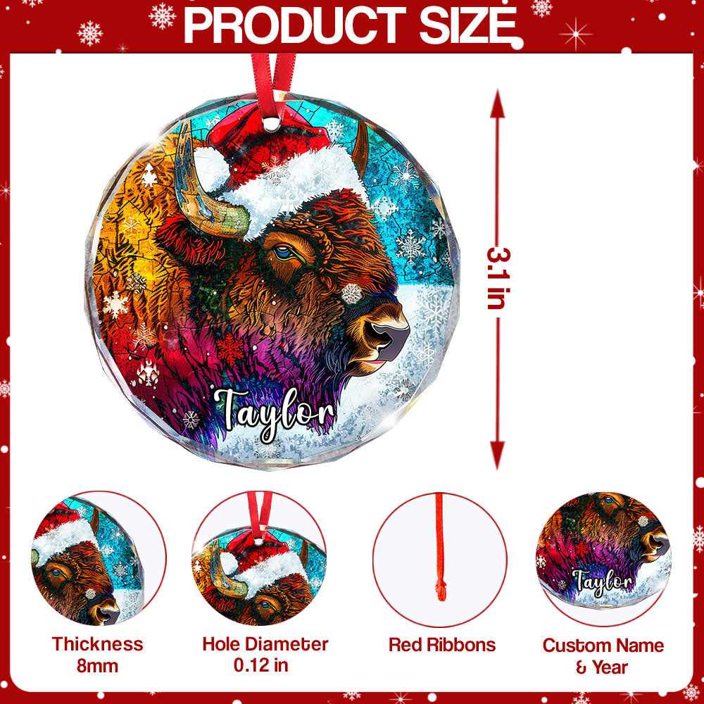 Personalized Bison Ornament, Santa Hat Glass Christmas Tree Decor, Custom Wildlife Name Holiday Gift