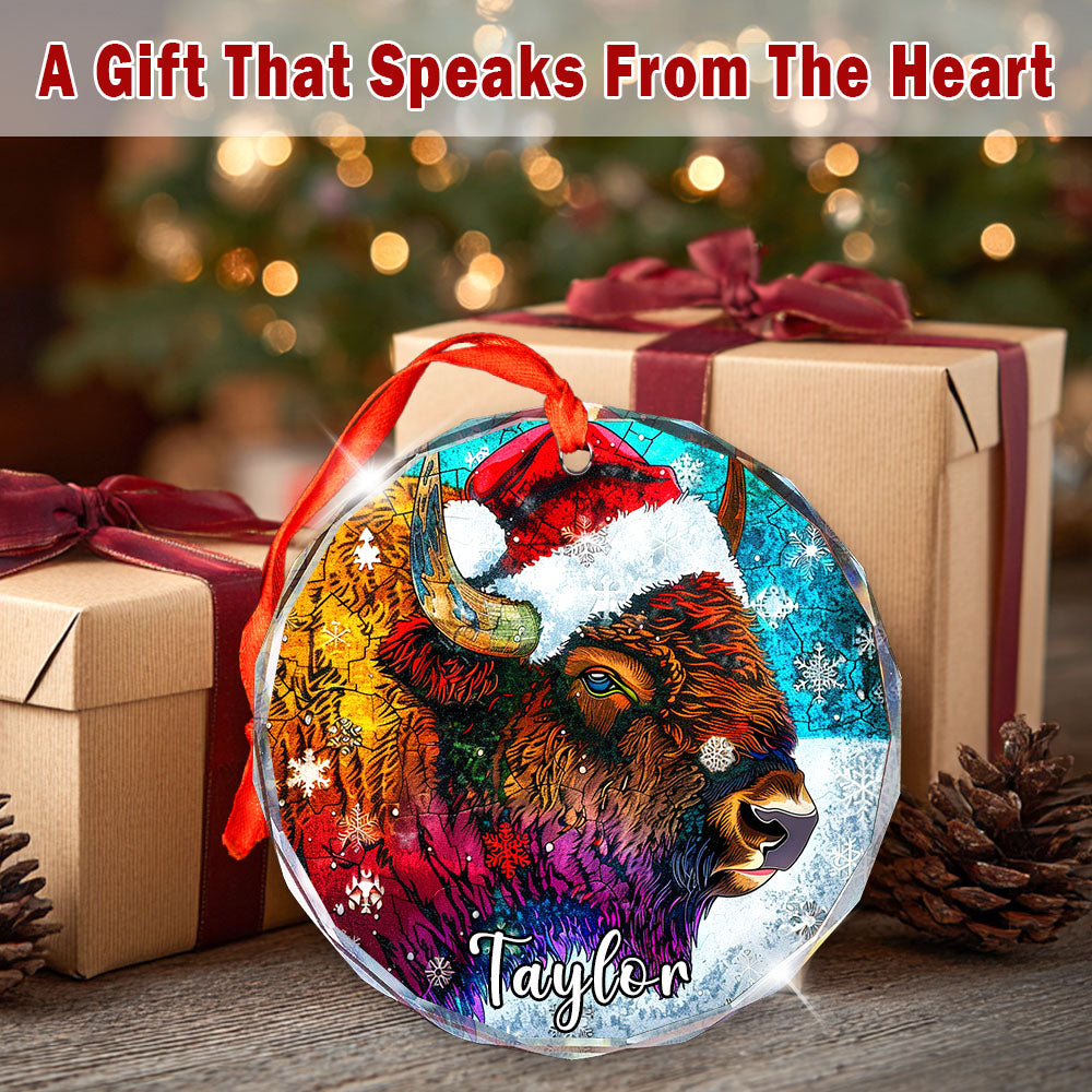 Personalized Bison Ornament, Santa Hat Glass Christmas Tree Decor, Custom Wildlife Name Holiday Gift