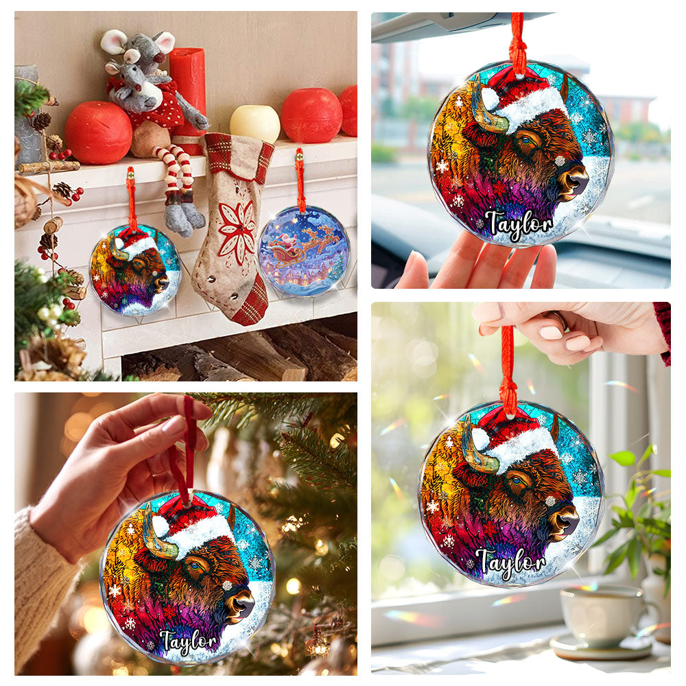 Personalized Bison Ornament, Santa Hat Glass Christmas Tree Decor, Custom Wildlife Name Holiday Gift