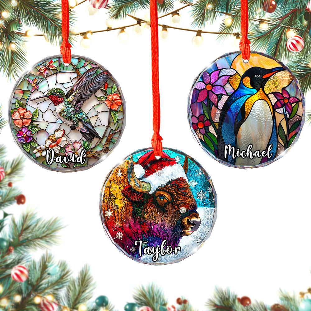 Personalized Bison Ornament, Santa Hat Glass Christmas Tree Decor, Custom Wildlife Name Holiday Gift
