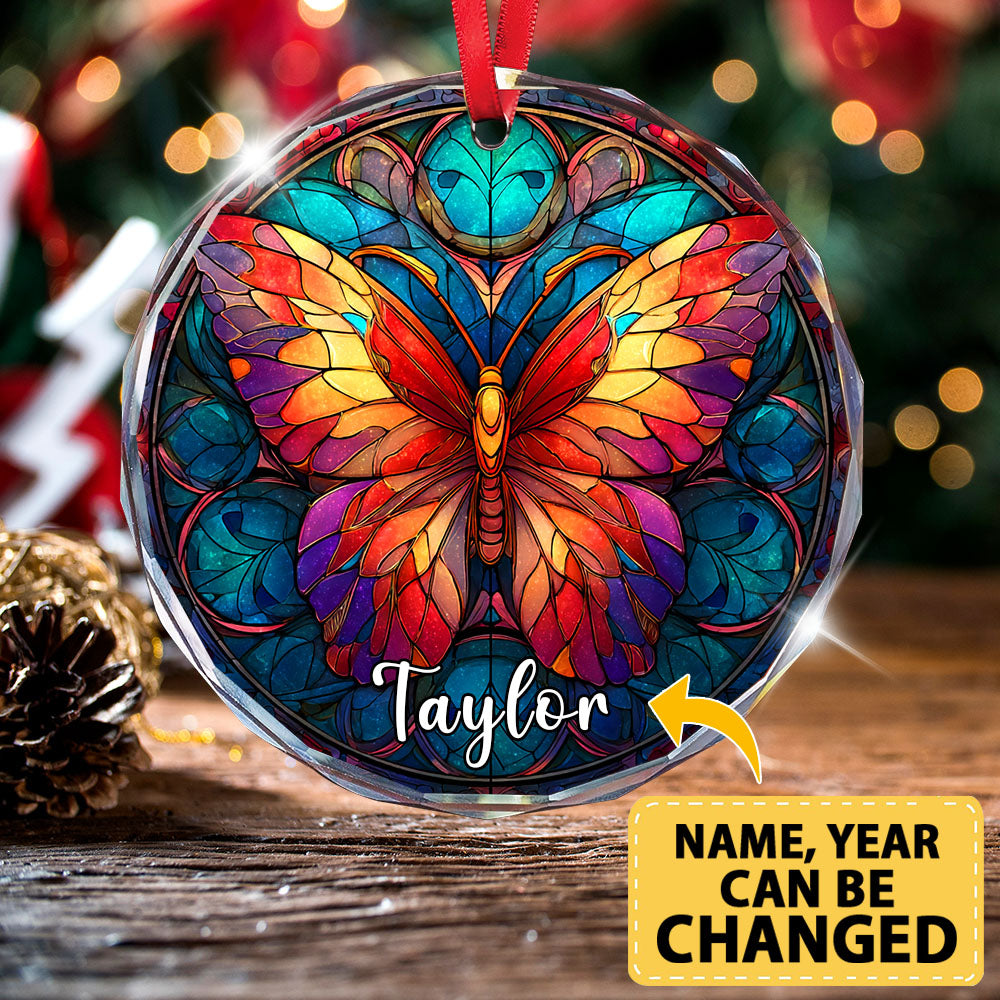 Personalized Butterfly Ornament, Stained Glass Christmas Tree Decor, Custom Name Animal Holiday Gift
