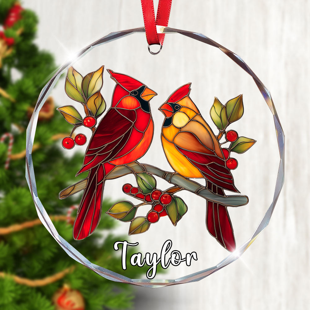 Personalized Red Cardinal Ornament, Stained Glass Christmas Tree Decor, Custom Bird Holiday Keepsake