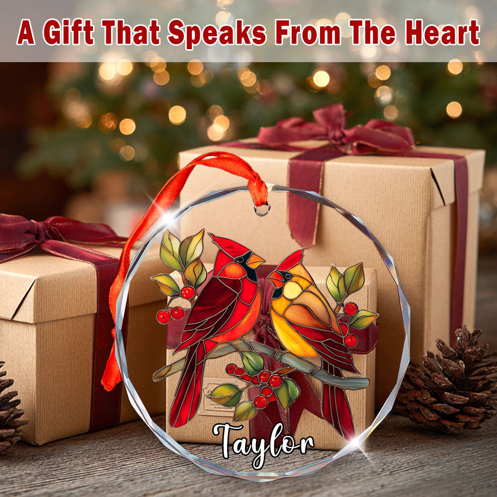 Personalized Red Cardinal Ornament, Stained Glass Christmas Tree Decor, Custom Bird Holiday Keepsake