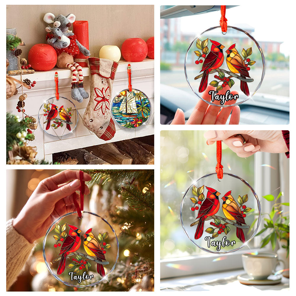 Personalized Red Cardinal Ornament, Stained Glass Christmas Tree Decor, Custom Bird Holiday Keepsake