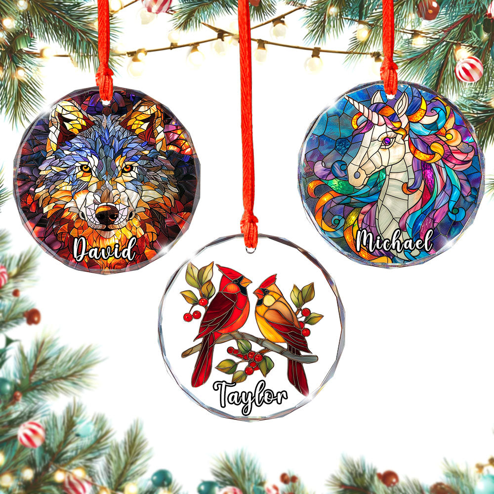 Personalized Red Cardinal Ornament, Stained Glass Christmas Tree Decor, Custom Bird Holiday Keepsake
