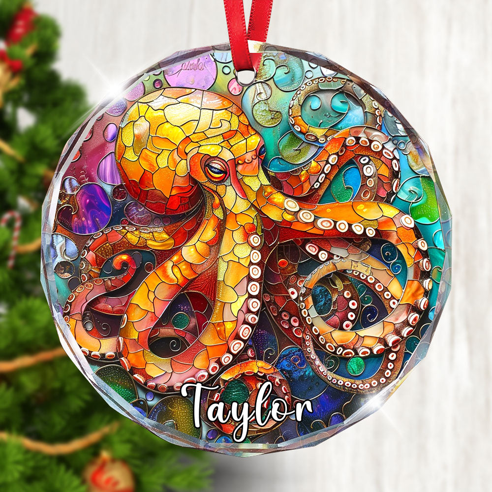 Personalized Octopus Ornament, Stained Glass Christmas Tree Decor, Unique Marine Animal Holiday Gift