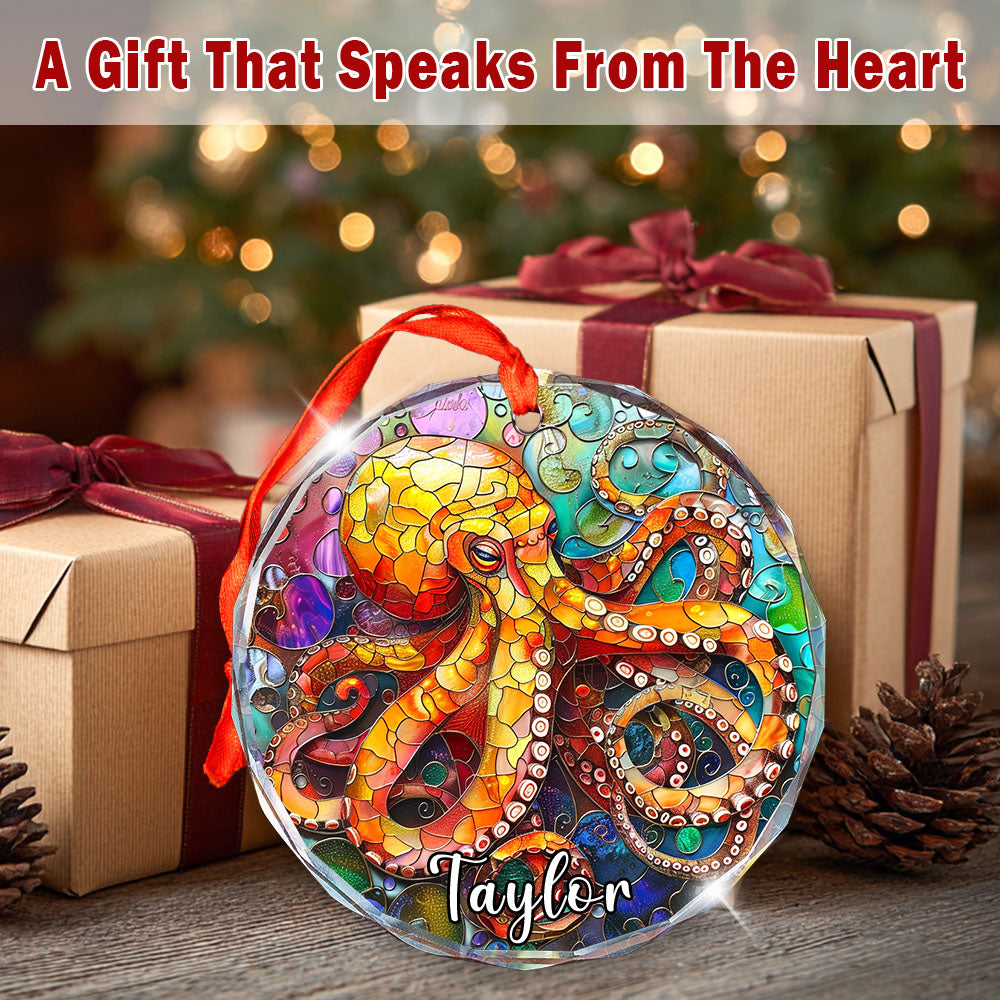 Personalized Octopus Ornament, Stained Glass Christmas Tree Decor, Unique Marine Animal Holiday Gift