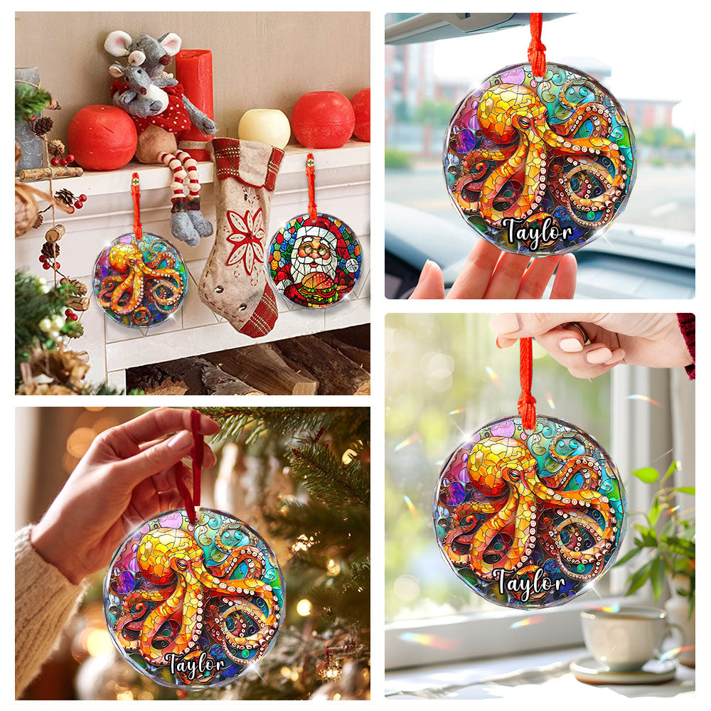 Personalized Octopus Ornament, Stained Glass Christmas Tree Decor, Unique Marine Animal Holiday Gift