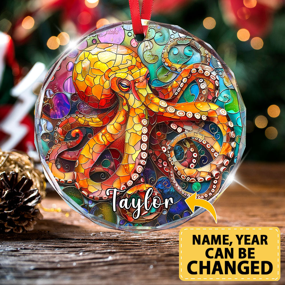 Personalized Octopus Ornament, Stained Glass Christmas Tree Decor, Unique Marine Animal Holiday Gift