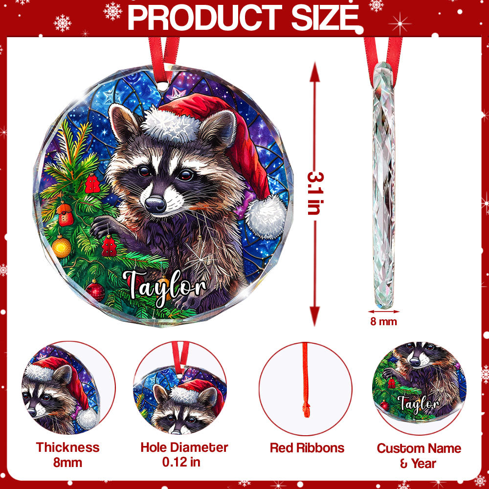 Personalized Raccoon Ornament, Santa Hat Glass Christmas Tree Decoration, Custom Animal Holiday Gift