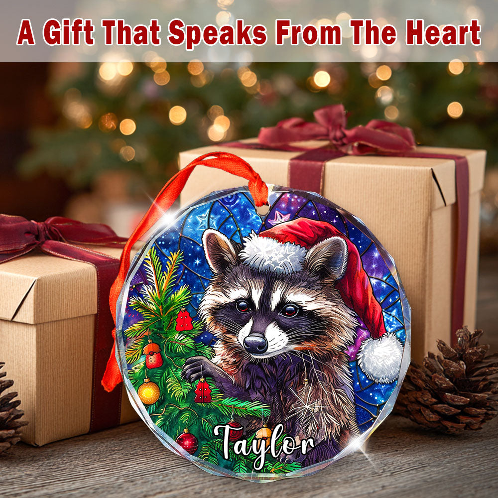 Personalized Raccoon Ornament, Santa Hat Glass Christmas Tree Decoration, Custom Animal Holiday Gift
