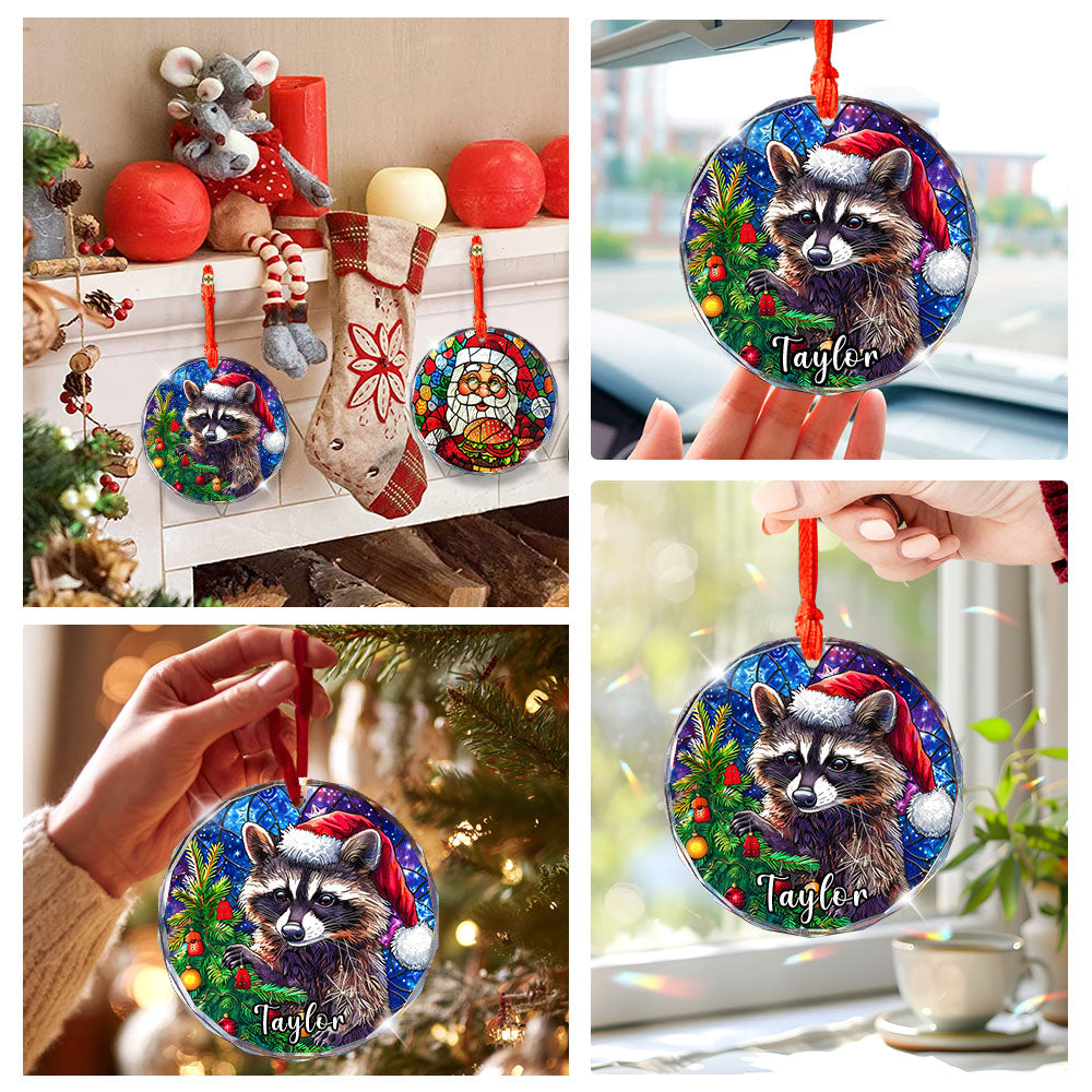 Personalized Raccoon Ornament, Santa Hat Glass Christmas Tree Decoration, Custom Animal Holiday Gift