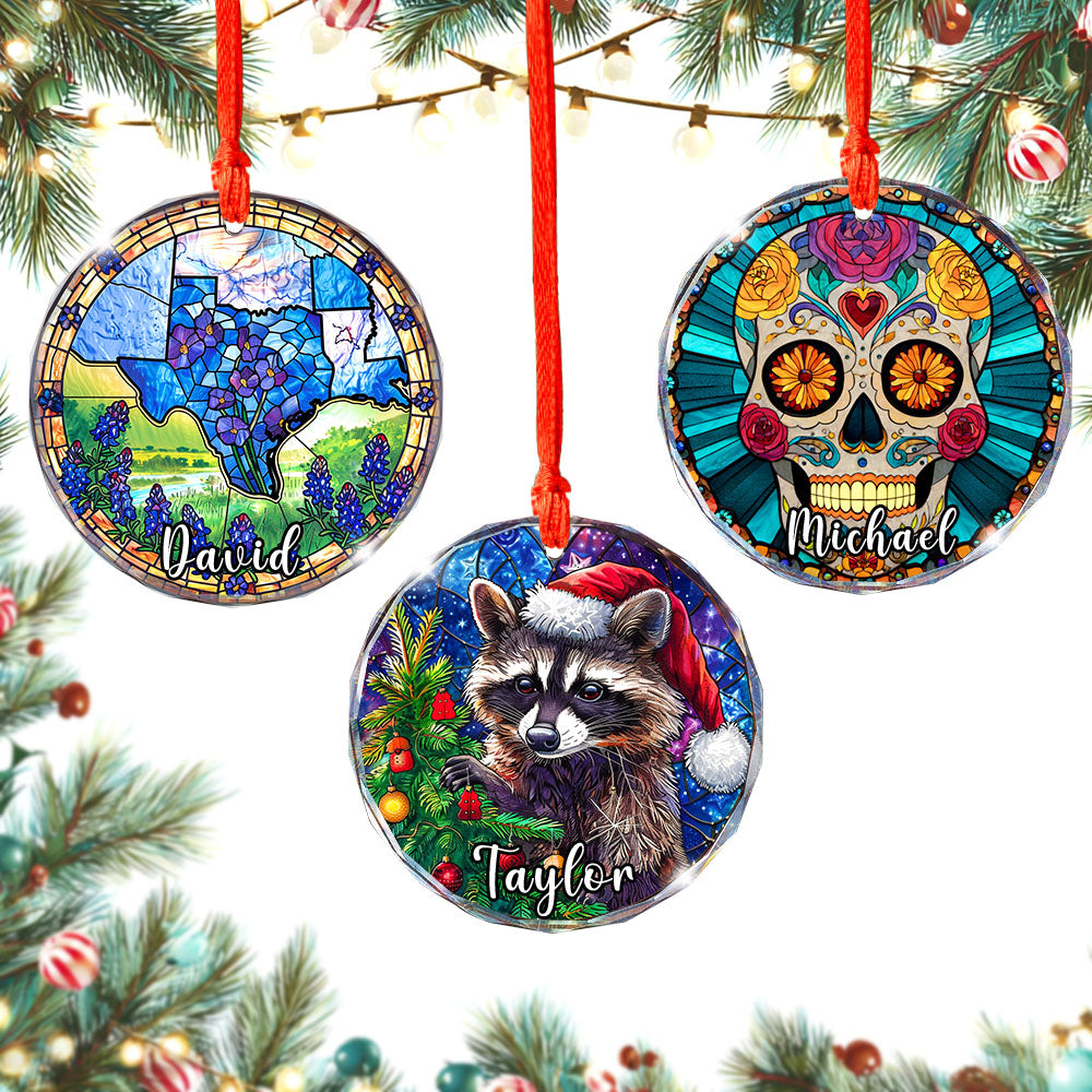 Personalized Raccoon Ornament, Santa Hat Glass Christmas Tree Decoration, Custom Animal Holiday Gift
