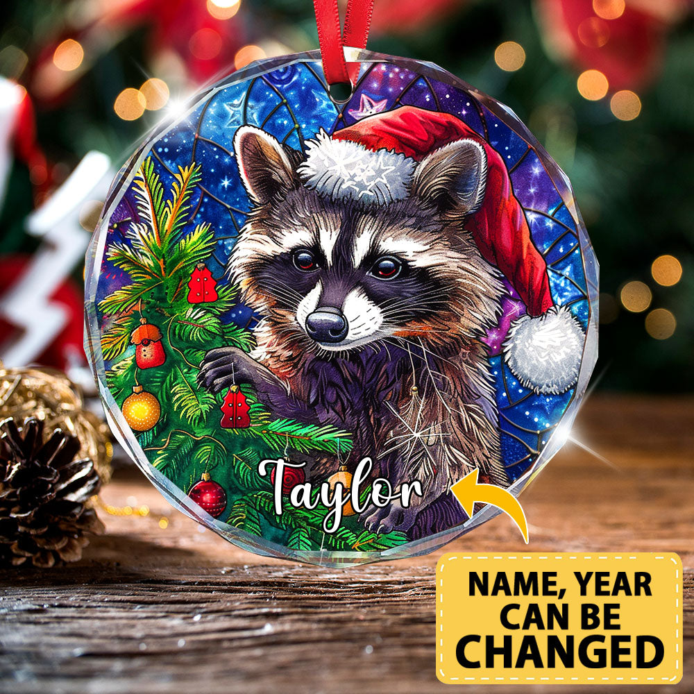 Personalized Raccoon Ornament, Santa Hat Glass Christmas Tree Decoration, Custom Animal Holiday Gift