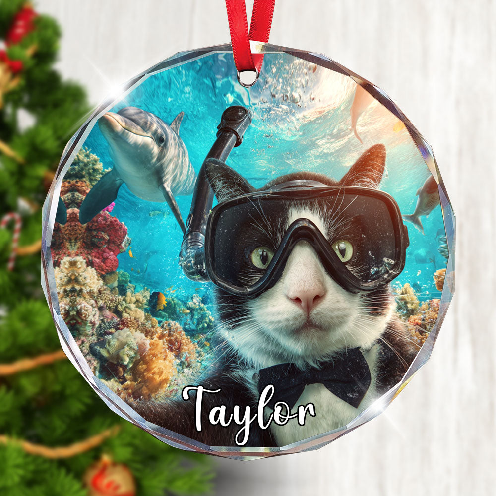 Personalized Scuba Diving Cat Ornament, Glass Christmas Tree Decor, Ocean Lovers Holiday Custom Gift