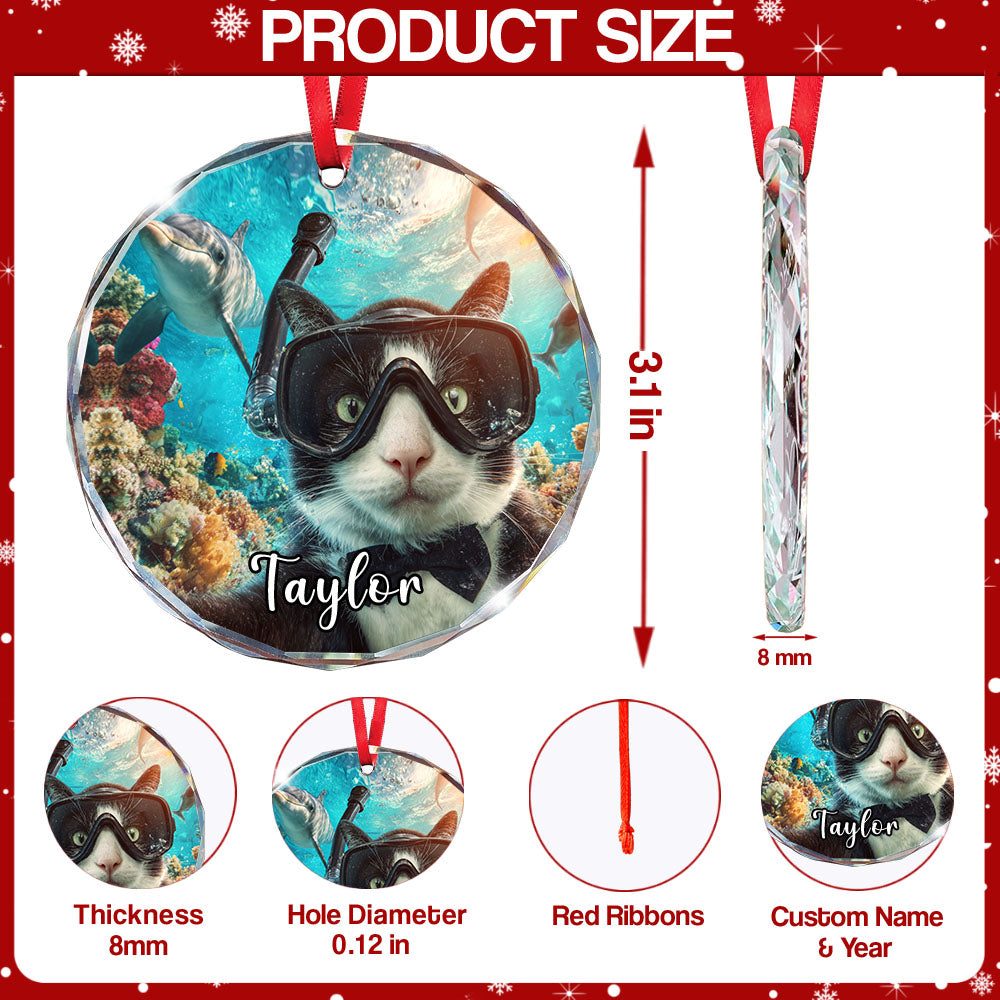 Personalized Scuba Diving Cat Ornament, Glass Christmas Tree Decor, Ocean Lovers Holiday Custom Gift