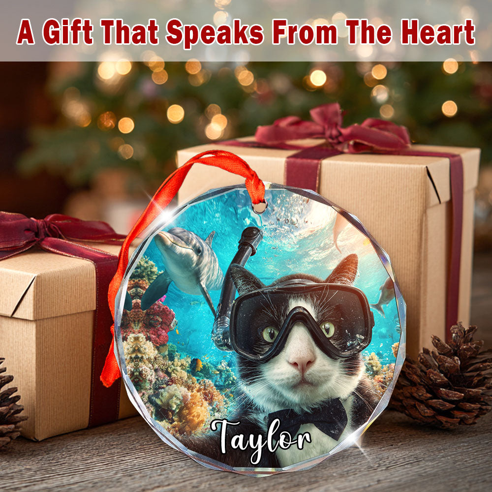 Personalized Scuba Diving Cat Ornament, Glass Christmas Tree Decor, Ocean Lovers Holiday Custom Gift