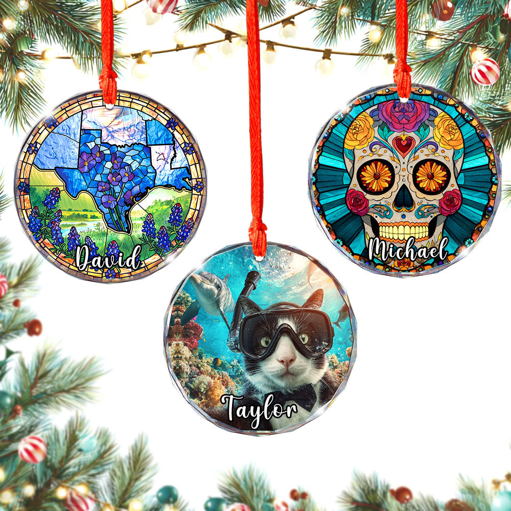 Personalized Scuba Diving Cat Ornament, Glass Christmas Tree Decor, Ocean Lovers Holiday Custom Gift