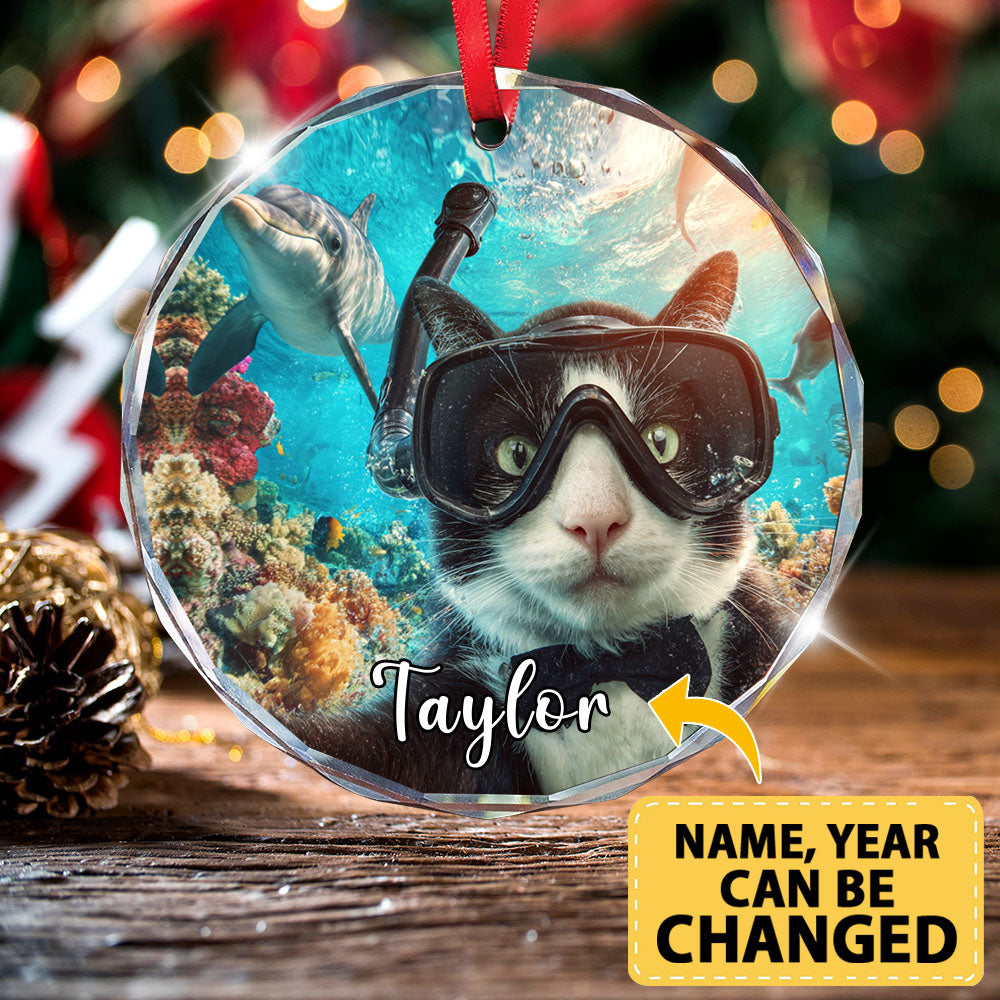 Personalized Scuba Diving Cat Ornament, Glass Christmas Tree Decor, Ocean Lovers Holiday Custom Gift