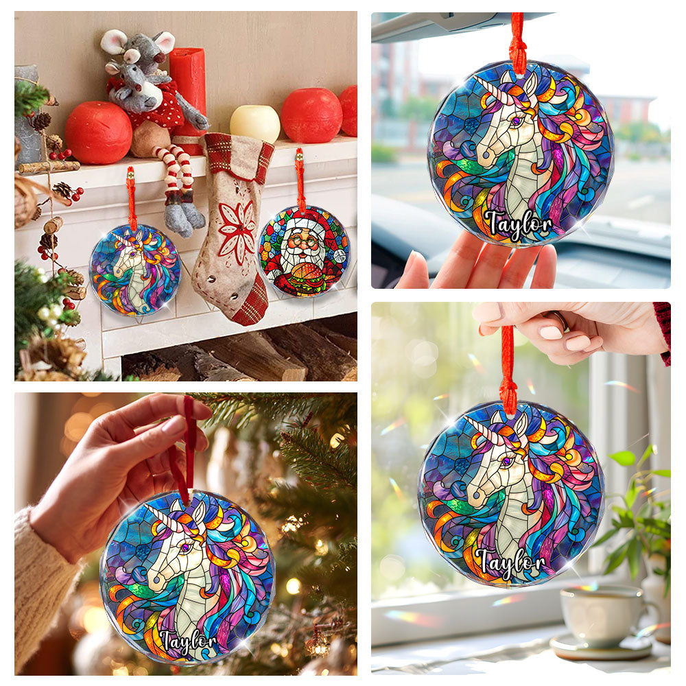 Personalized Unicorn Ornament, Stained Glass Christmas Tree Decor, Custom Fairytale Holiday Keepsake