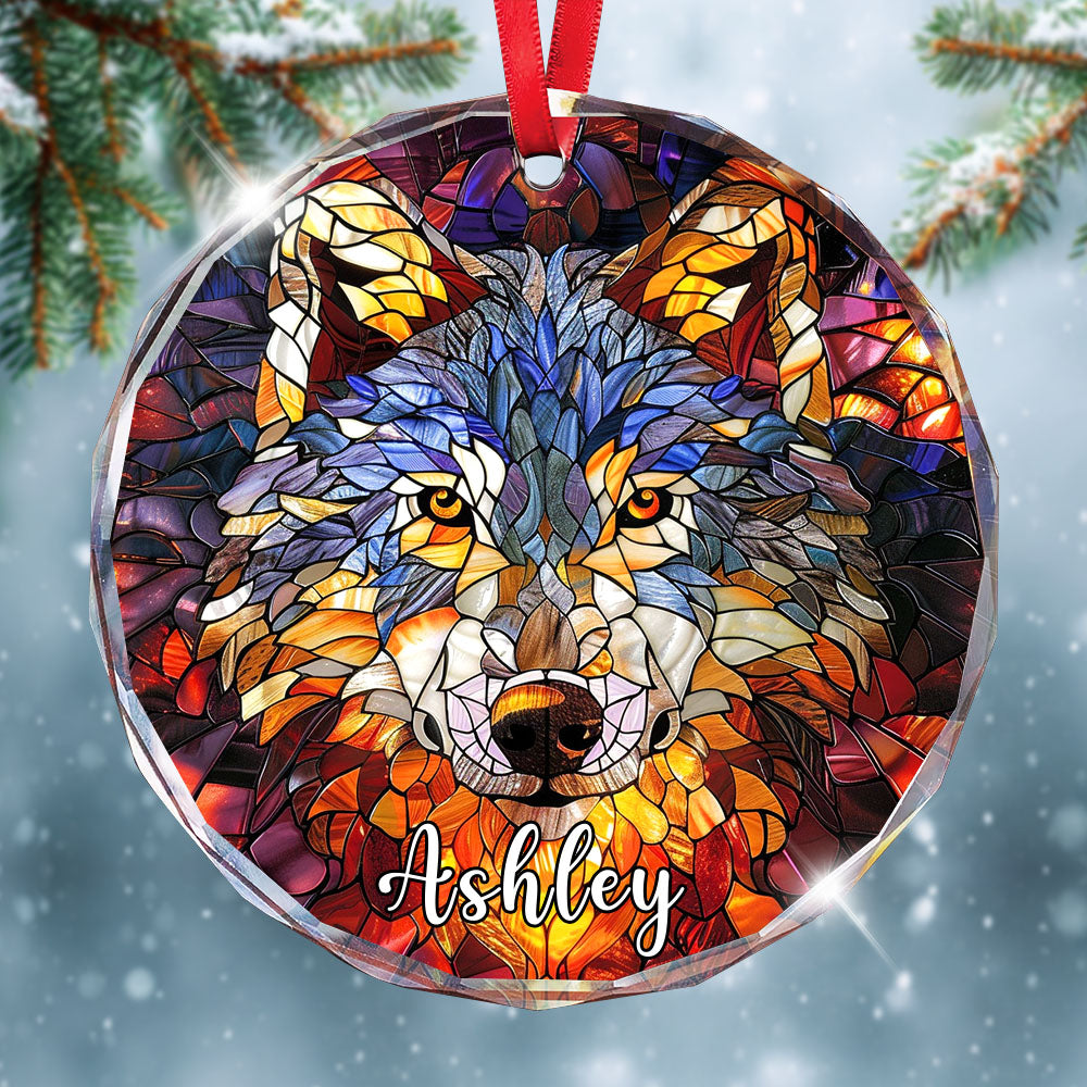 Personalized Wolf Ornament, Stained Glass Christmas Tree Decor, Custom Woodland Animal Holiday Gifts