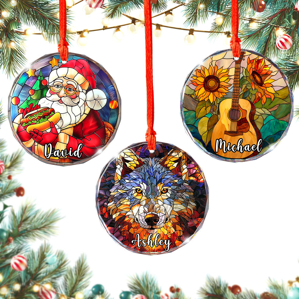 Personalized Wolf Ornament, Stained Glass Christmas Tree Decor, Custom Woodland Animal Holiday Gifts