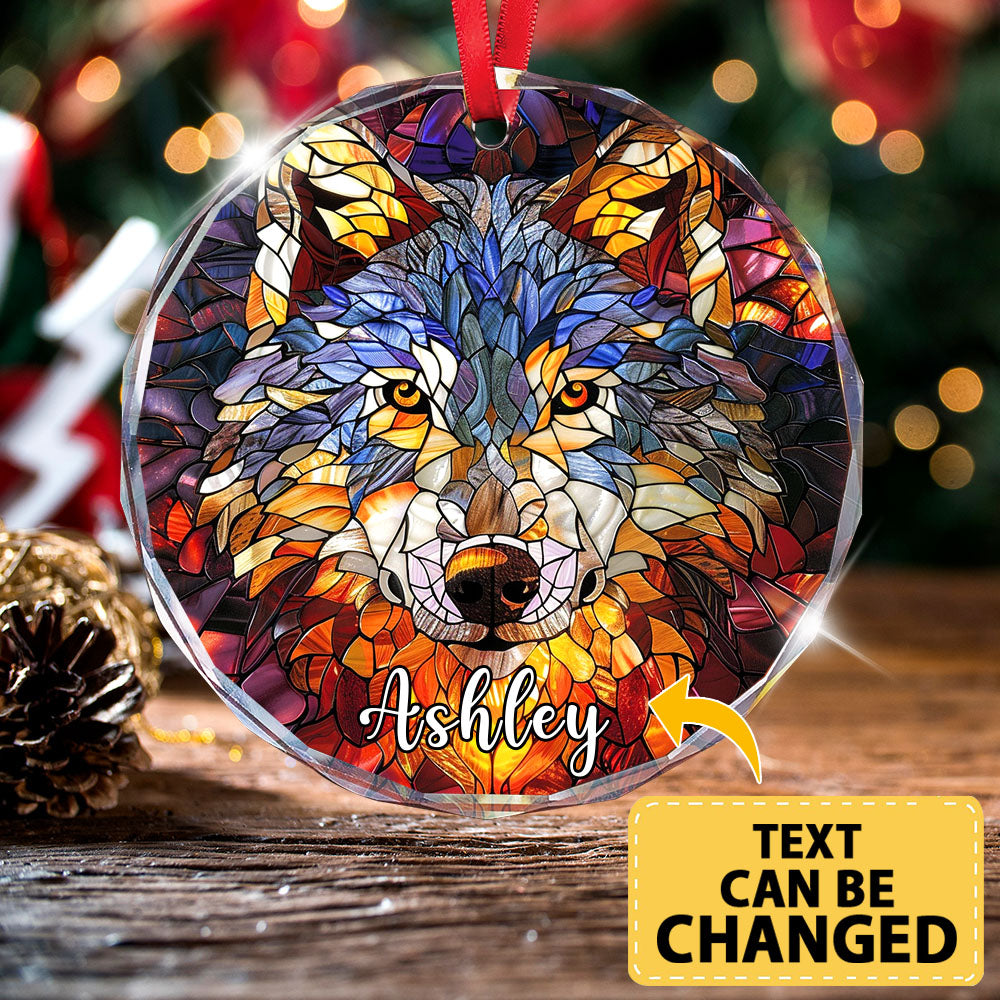 Personalized Wolf Ornament, Stained Glass Christmas Tree Decor, Custom Woodland Animal Holiday Gifts