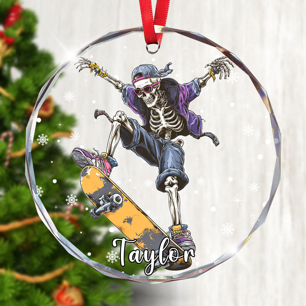 Personalized Skateboarding Skeleton Ornament, Custom Glass Christmas Tree Decor, Skater Holiday Gift