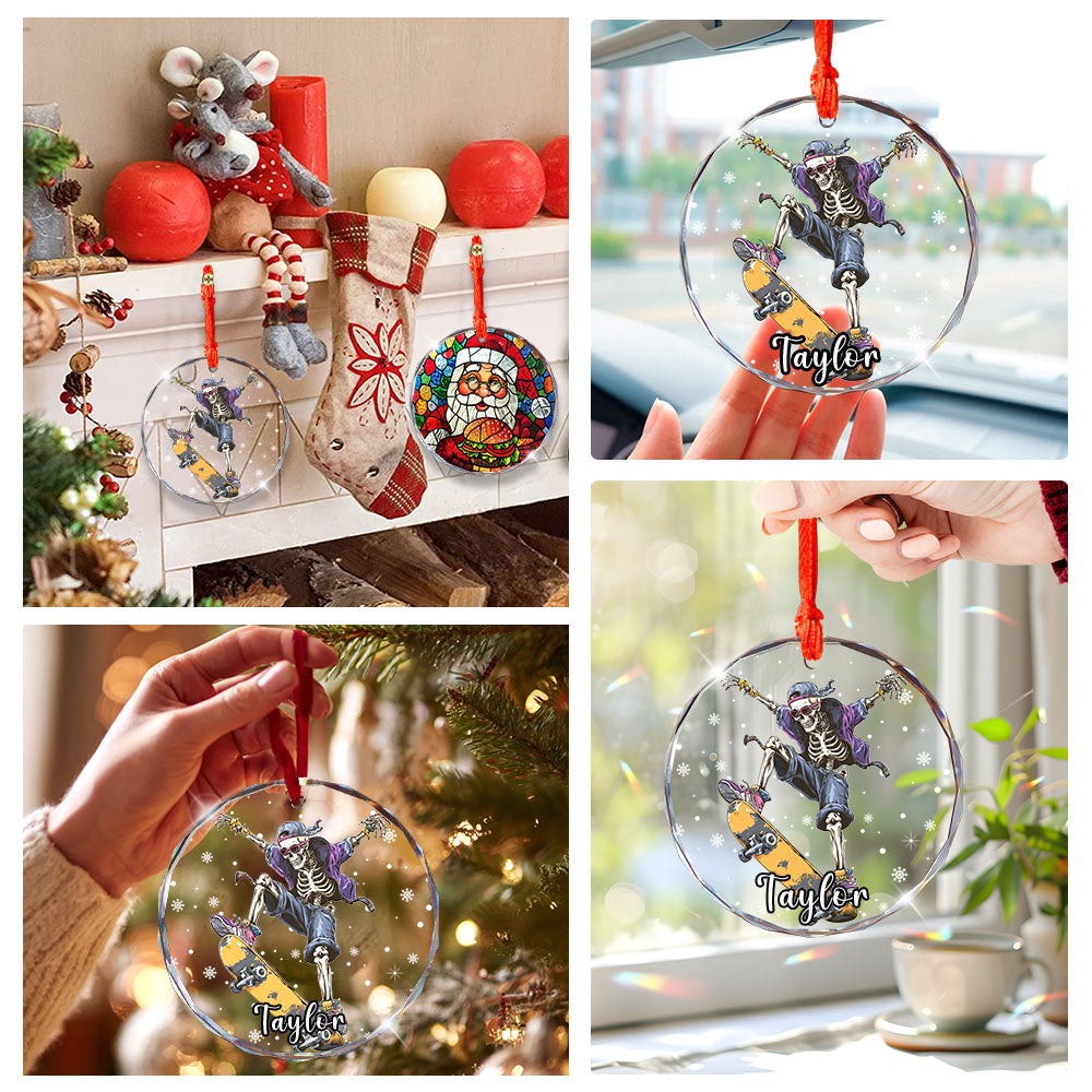 Personalized Skateboarding Skeleton Ornament, Custom Glass Christmas Tree Decor, Skater Holiday Gift