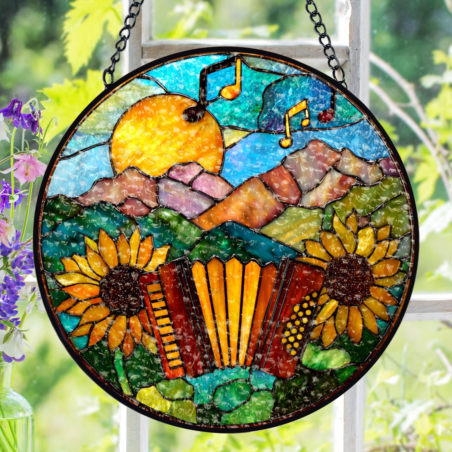 Accordion Suncatcher, Sunflower Stained Glass Window Hanging, Music Lover Gifts, Suncatchers For Windows Hanging, Garden Suncatchers, Stained Glass Suncatcher, Window Decorations, Sun Catcher