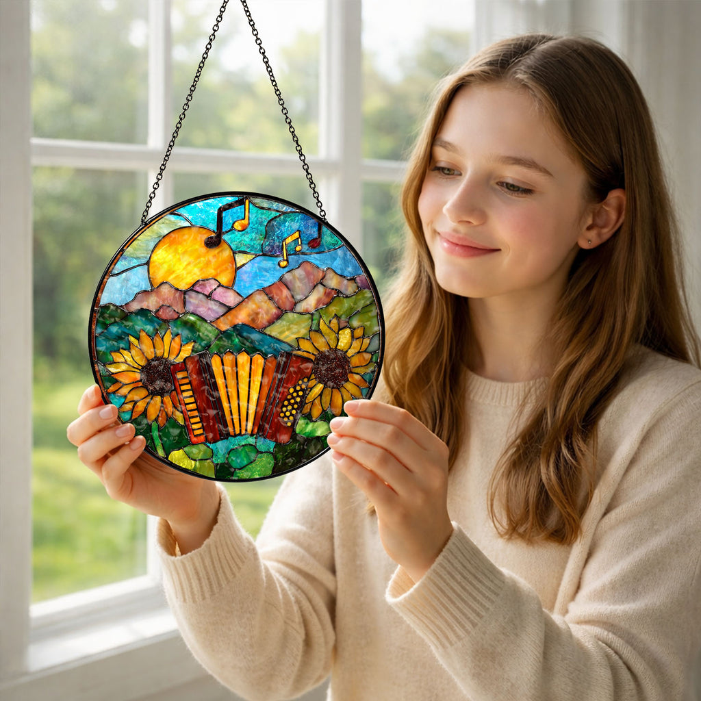 Accordion Suncatcher, Sunflower Stained Glass Window Hanging, Music Lover Gifts, Suncatchers For Windows Hanging, Garden Suncatchers, Stained Glass Suncatcher, Window Decorations, Sun Catcher