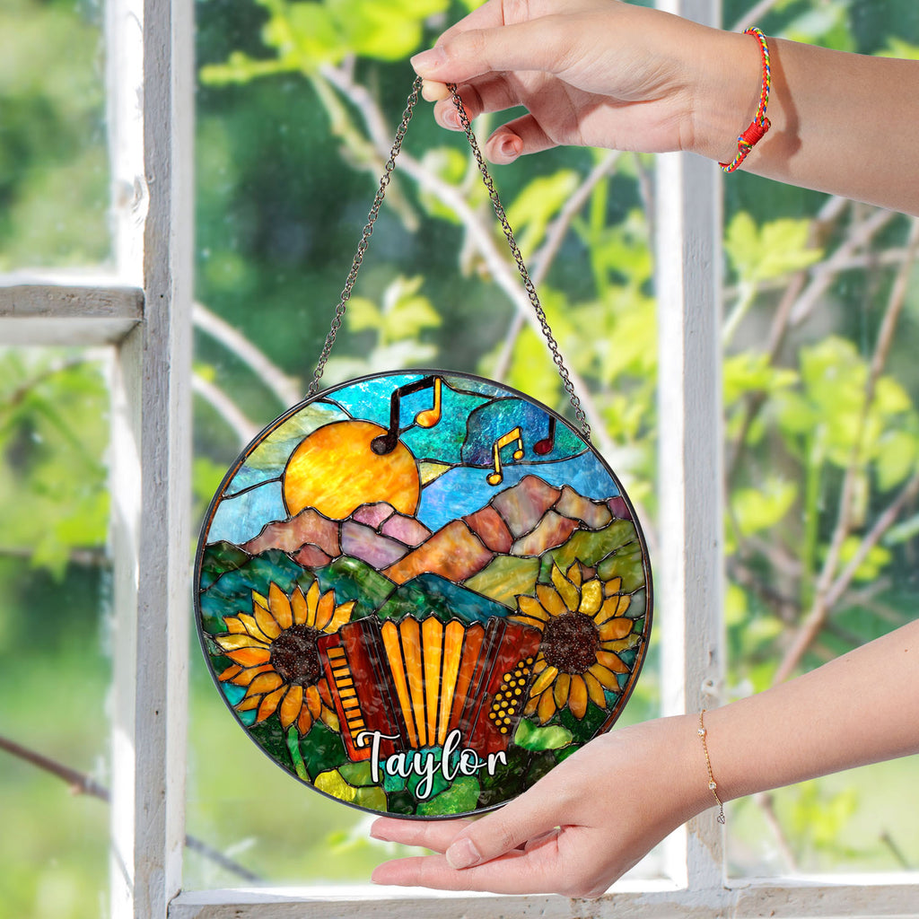 Accordion Suncatcher, Sunflower Stained Glass Window Hanging, Music Lover Gifts, Suncatchers For Windows Hanging, Garden Suncatchers, Stained Glass Suncatcher, Window Decorations, Sun Catcher