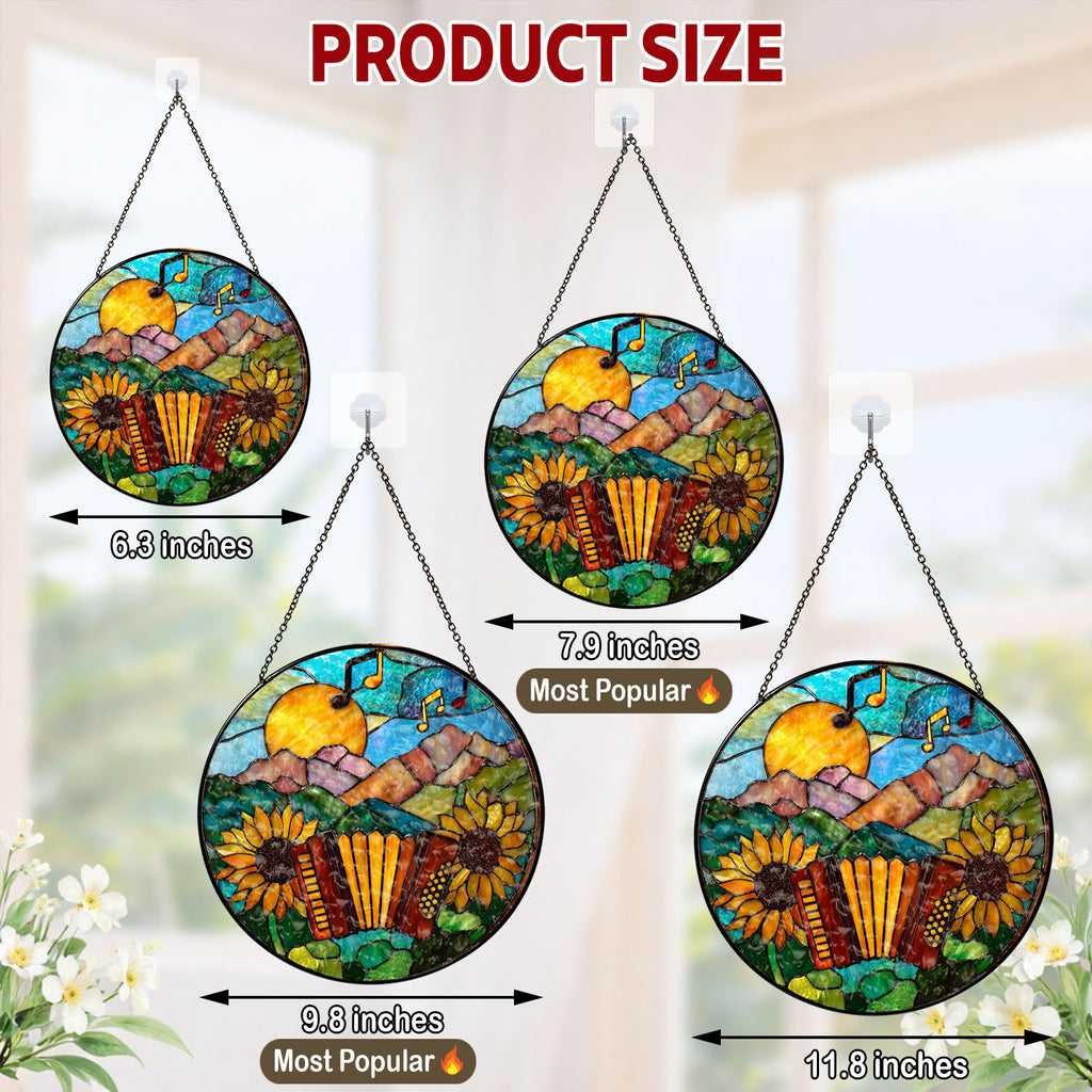 Accordion Suncatcher, Sunflower Stained Glass Window Hanging, Music Lover Gifts, Suncatchers For Windows Hanging, Garden Suncatchers, Stained Glass Suncatcher, Window Decorations, Sun Catcher