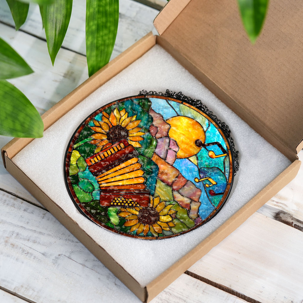 Accordion Suncatcher, Sunflower Stained Glass Window Hanging, Music Lover Gifts, Suncatchers For Windows Hanging, Garden Suncatchers, Stained Glass Suncatcher, Window Decorations, Sun Catcher