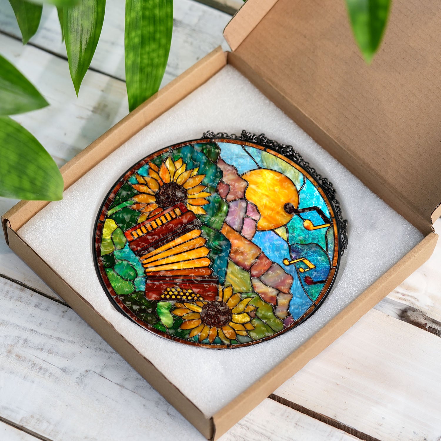 Accordion Suncatcher, Sunflower Stained Glass Window Hanging, Music Lover Gifts, Suncatchers For Windows Hanging, Garden Suncatchers, Stained Glass Suncatcher, Window Decorations, Sun Catcher