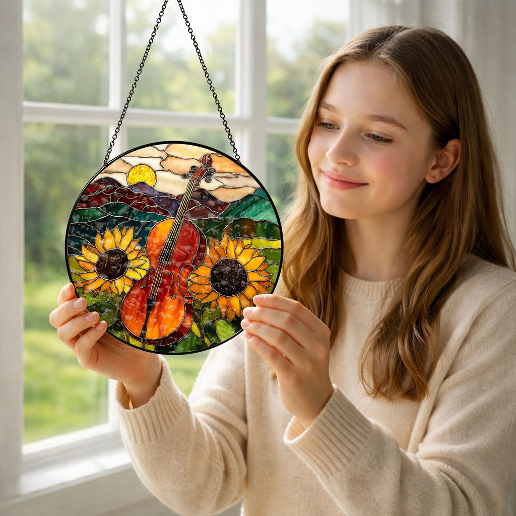 Cello Suncatcher, Sunflower Window Decor, Stained Glass Window Hanging, Music Lover Gifts, Suncatchers For Windows Hanging, Garden Suncatchers, Stain Glass Decor, Sun Catchers