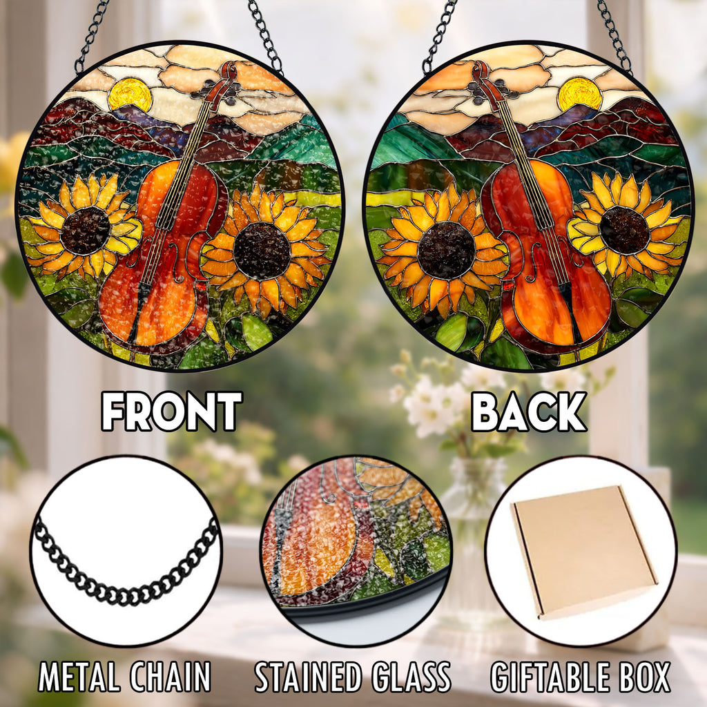 Cello Suncatcher, Sunflower Window Decor, Stained Glass Window Hanging, Music Lover Gifts, Suncatchers For Windows Hanging, Garden Suncatchers, Stain Glass Decor, Sun Catchers
