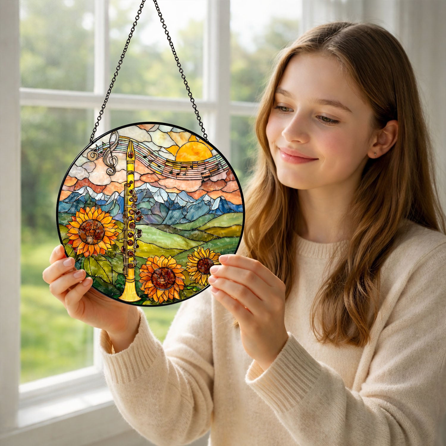 Clarinet Suncatcher, Sunflower Stained Glass Window Hanging, Music Lover Gifts, Suncatchers For Windows Hanging, Garden Suncatchers, Stained Glass Suncatcher, Window Decorations, Sun Catcher