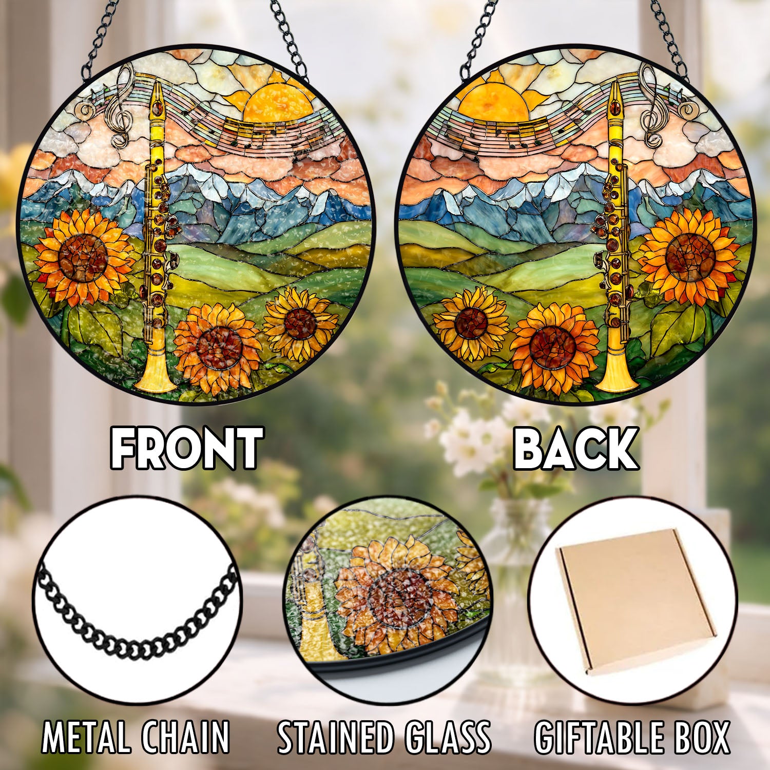 Clarinet Suncatcher, Sunflower Stained Glass Window Hanging, Music Lover Gifts, Suncatchers For Windows Hanging, Garden Suncatchers, Stained Glass Suncatcher, Window Decorations, Sun Catcher