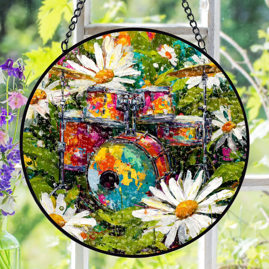 Drum Suncatcher, Daisy Stained Glass Window Hanging, Music Lover Window Decor